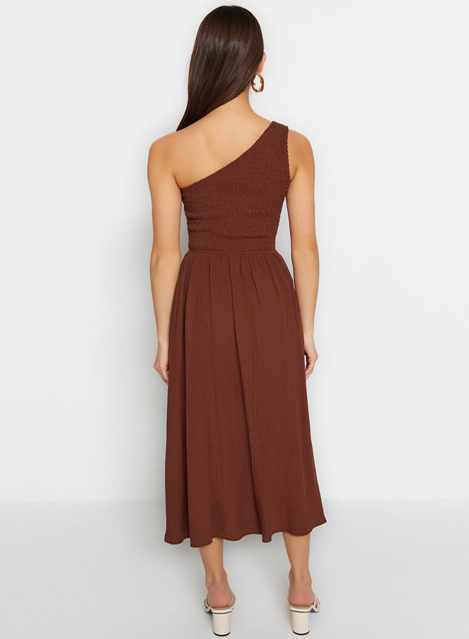 trendyol Brown Waist Opening Top Size Gipeli One Shoulder Midi Woven Dress - Image 5