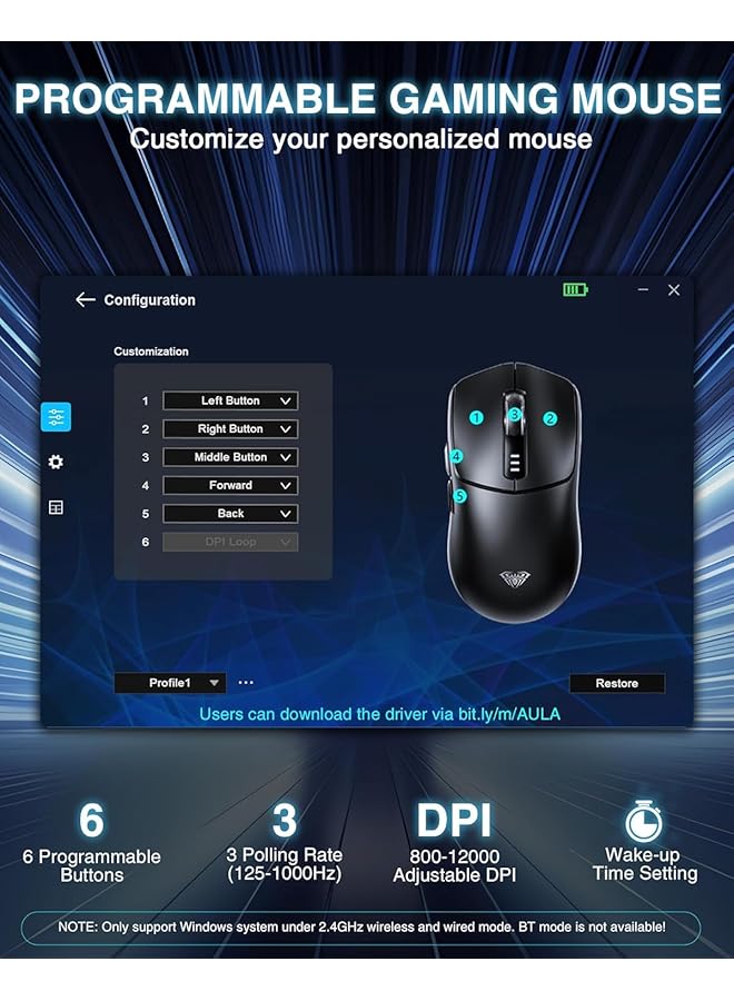 AULA Sc580 Wireless Gaming Mouse 2.4 Ghz/Usb C/Bt Wireless Gaming Mouse 12000 Dpi 6 Programmable Buttons Wireless Mouse For Pc/Mac Gamers (White) - Image 5