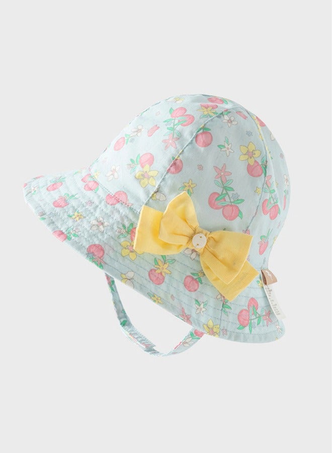 Dave & Bella Baby girl Cherry Print Cotton Sun hat with yellow bow - Image 2