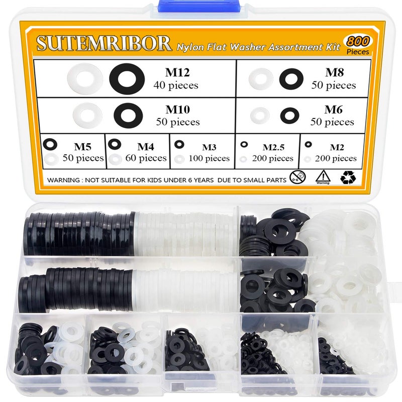 Sutemribor Nylon Flat Washer Assortment Set 800 Pieces, 9 Sizes - M2 M2.5 M3 M4 M5 M6 M8 M10 M12, (Black+White)(Not Rubber Washers) - Image 1