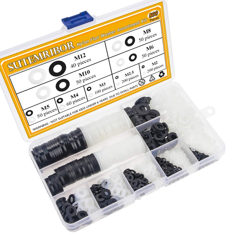 Sutemribor Nylon Flat Washer Assortment Set 800 Pieces, 9 Sizes - M2 M2.5 M3 M4 M5 M6 M8 M10 M12, (Black+White)(Not Rubber Washers) - Image 2