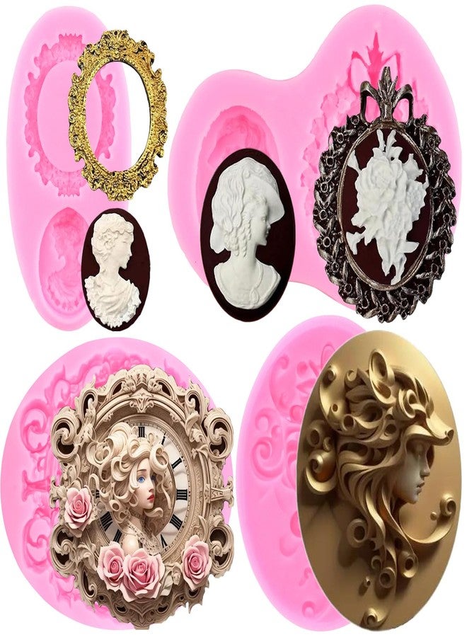 Mujiang Cameo with Picture Frame Silicone Molds Lady Avatar Fondant Mold Vintage Photo Frame Chocolate Molds For Cake Decorating Gum Paste Candy Polymer Clay Set Of 4 - Image 1