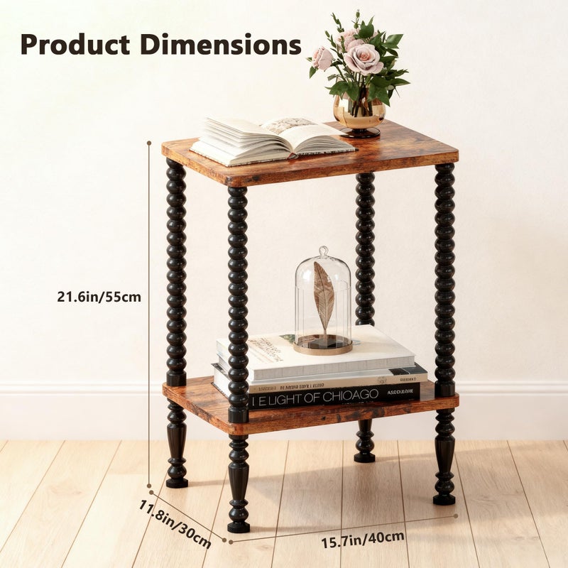 Lifenite Side Table, 2-Tier Wood End Table, Vintage Bedside Nightstand with Open Storage Shelf for Living Room, Bedroom, Office, Rustic Brown - Image 2