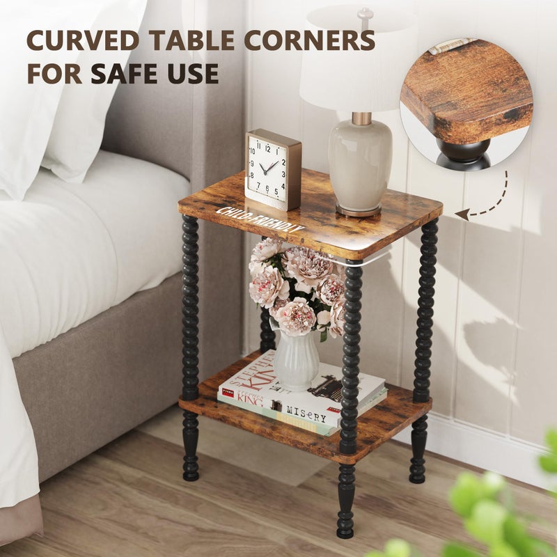 Lifenite Side Table, 2-Tier Wood End Table, Vintage Bedside Nightstand with Open Storage Shelf for Living Room, Bedroom, Office, Rustic Brown - Image 4