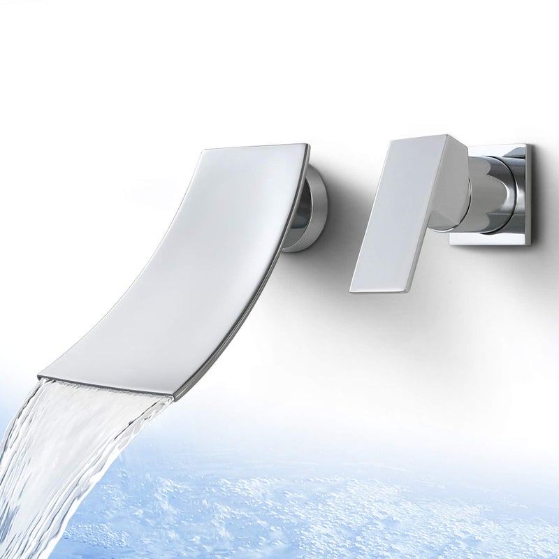SKOWLL Waterfall Bathroom Faucet Polished Chrome Wall Mount Vanity Sink Faucet Single Handle Waterfall Bathroon Faucet with Independent Switch
