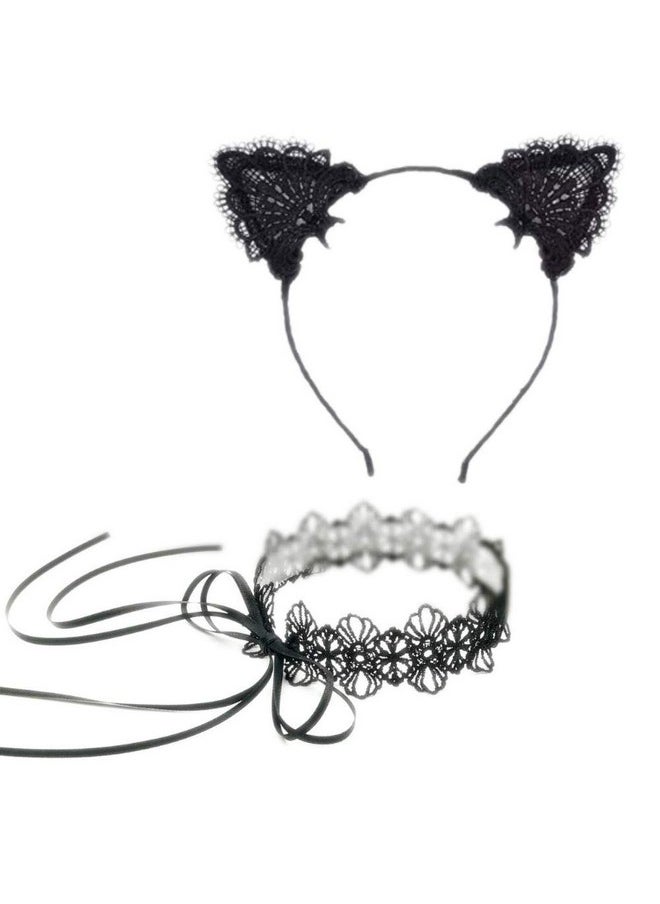 Aysekone - Handmade Black Sexy Lovely Cat Ears Lace Headband Fancy Dress Hair Band Headpiece With Tie Up Lace Choker Set - Image 1