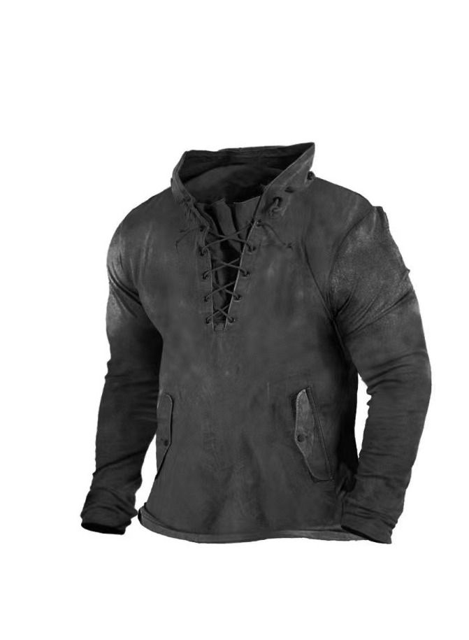 Loquat Men's Retro Outdoor Tactical Lace-up Hoodie Fall Solid Color Casual Hoodie