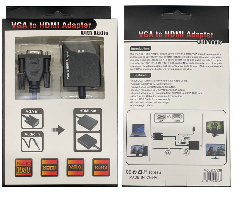 VGA to HDMI Adapter High-Definition Audio Video Cable Audio split (distribution line + audio line)