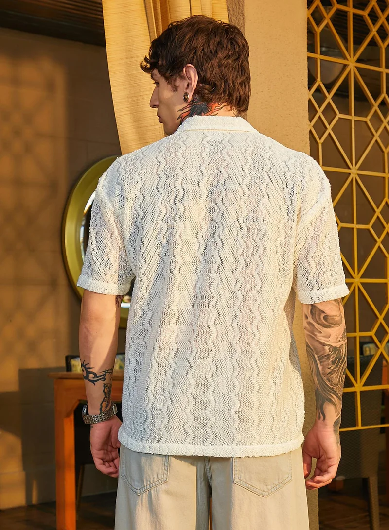 كامبوس سوترا Men's Cream White Swirl Open-Knit Resort Shirt