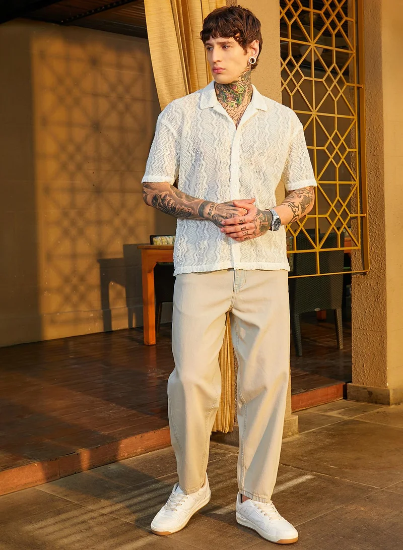 كامبوس سوترا Men's Cream White Swirl Open-Knit Resort Shirt