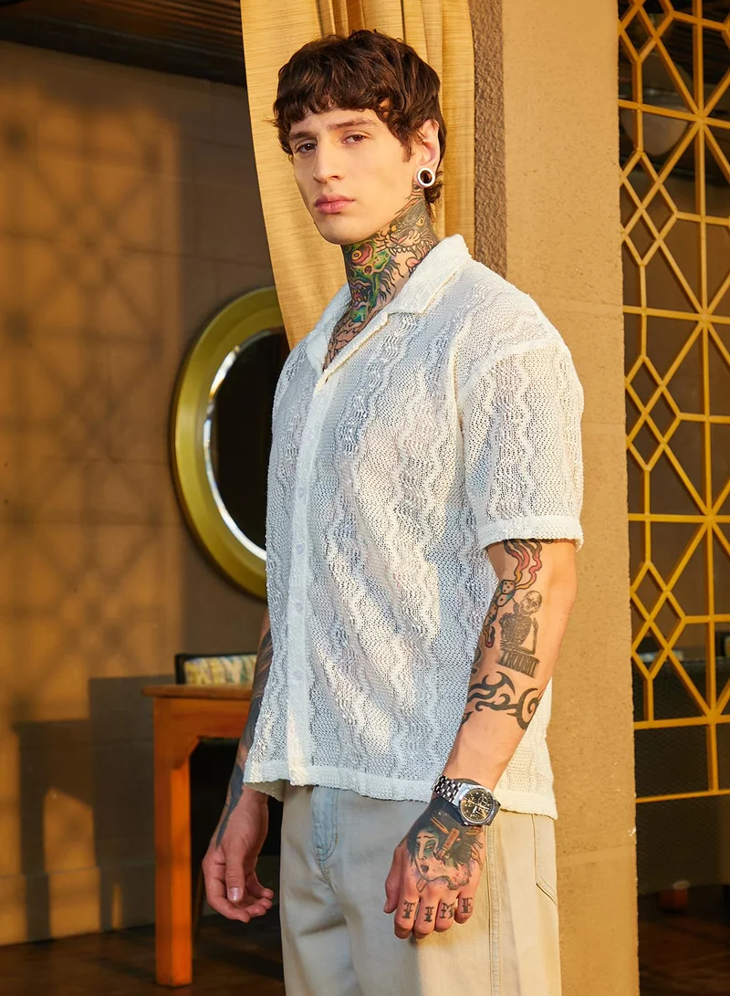 كامبوس سوترا Men's Cream White Swirl Open-Knit Resort Shirt