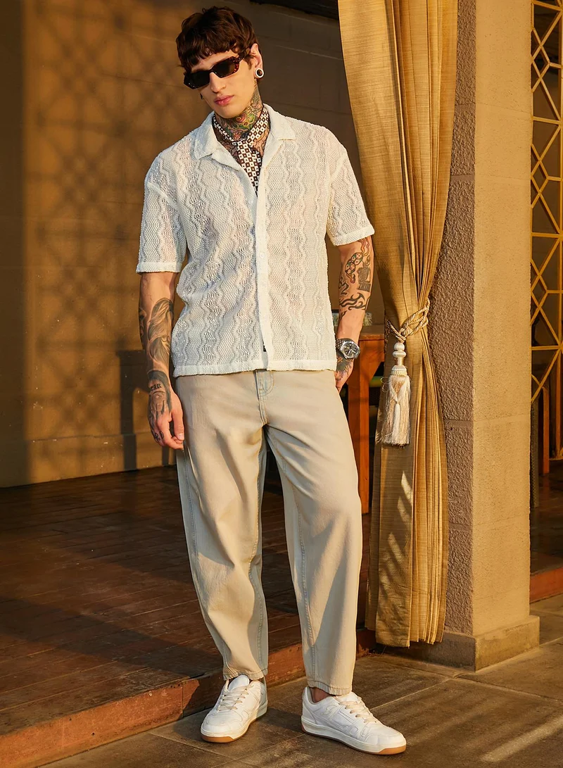 كامبوس سوترا Men's Cream White Swirl Open-Knit Resort Shirt