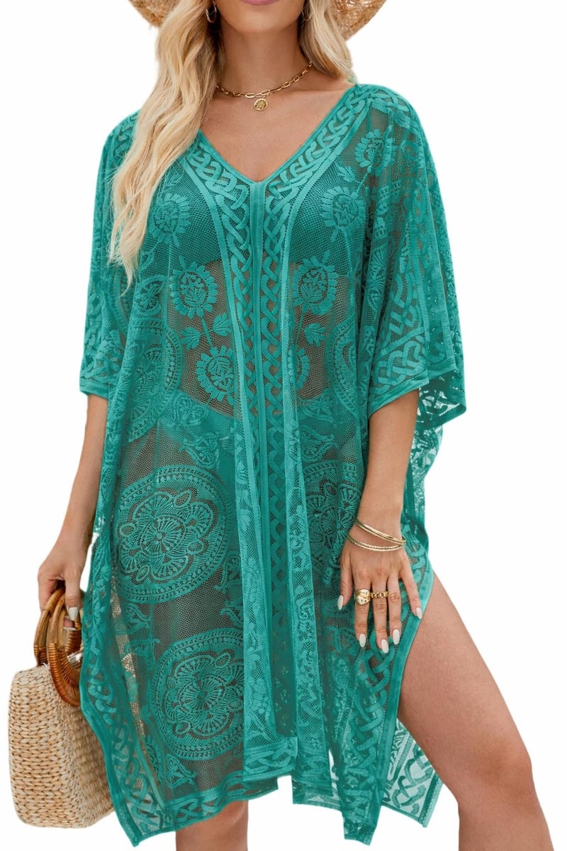 colornival Women's Swimwear Cover-Up for Beach and Pool, Lace V-Neck Swimsuit Dress, Bikini Cover-Up Lake Blue - Image 1