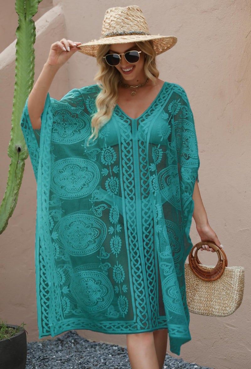 colornival Women's Swimwear Cover-Up for Beach and Pool, Lace V-Neck Swimsuit Dress, Bikini Cover-Up Lake Blue - Image 4
