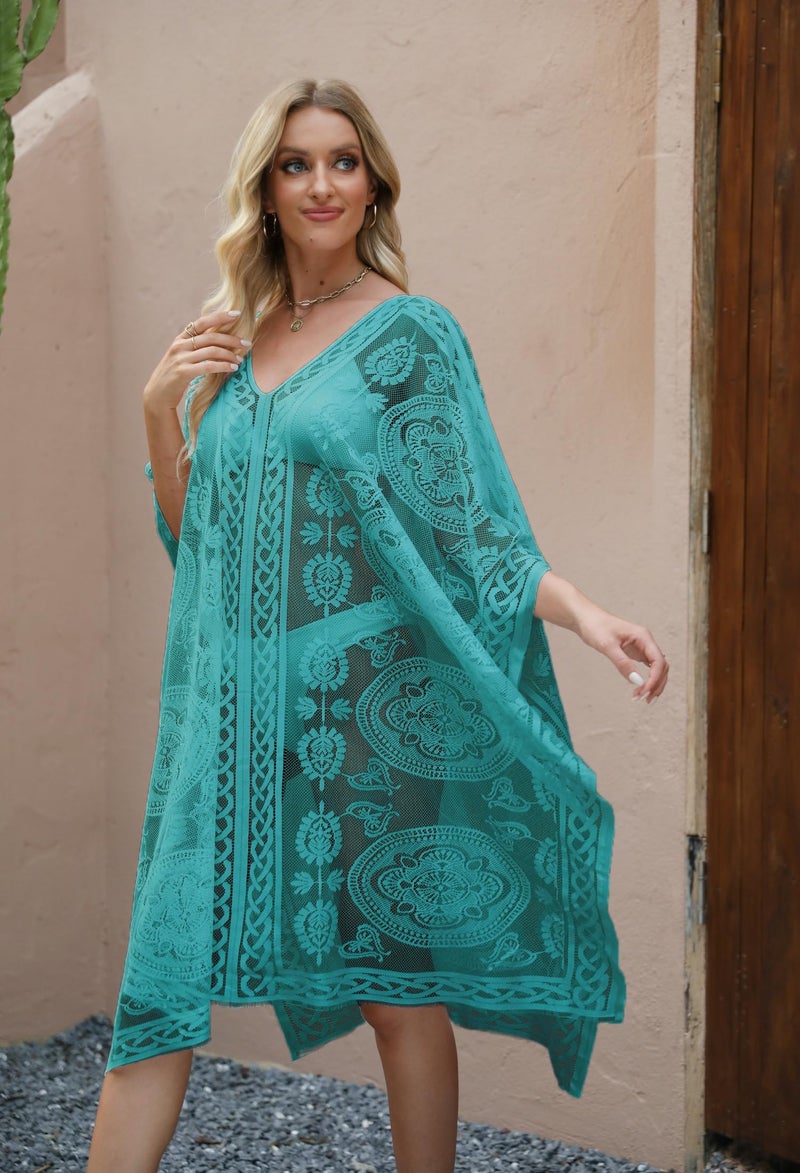 colornival Women's Swimwear Cover-Up for Beach and Pool, Lace V-Neck Swimsuit Dress, Bikini Cover-Up Lake Blue - Image 2
