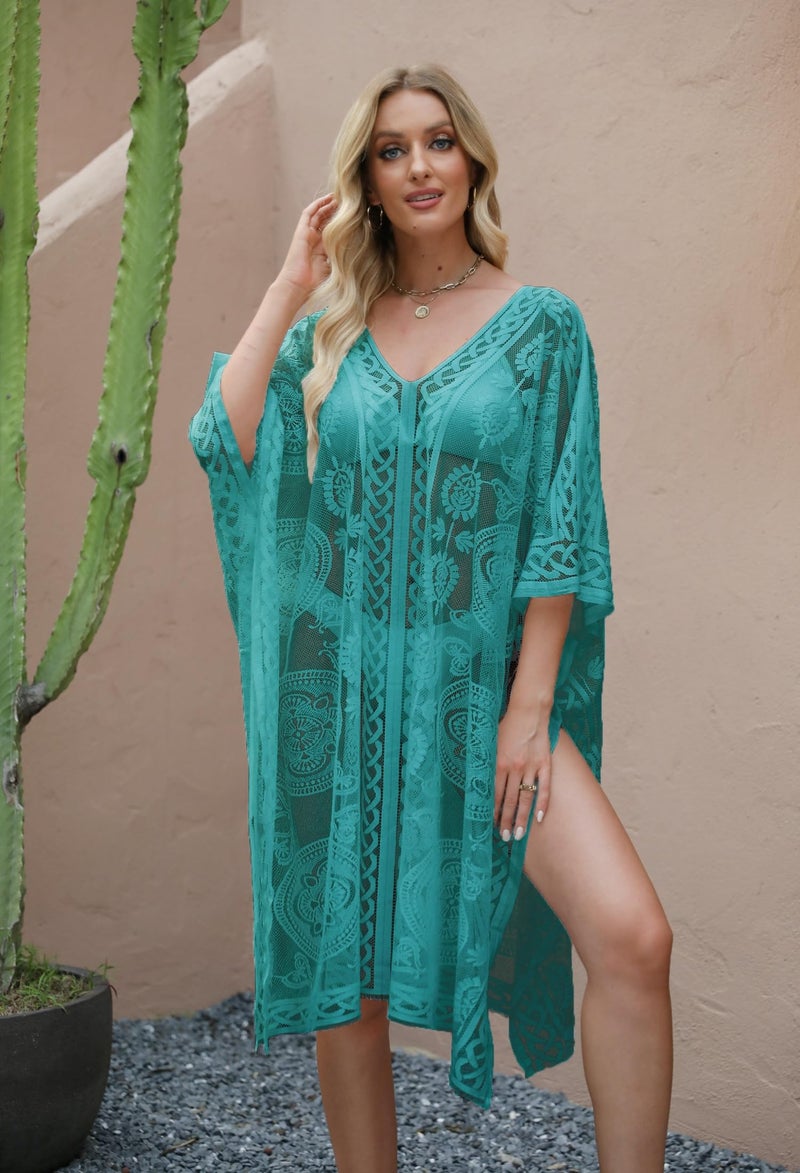 colornival Women's Swimwear Cover-Up for Beach and Pool, Lace V-Neck Swimsuit Dress, Bikini Cover-Up Lake Blue - Image 3