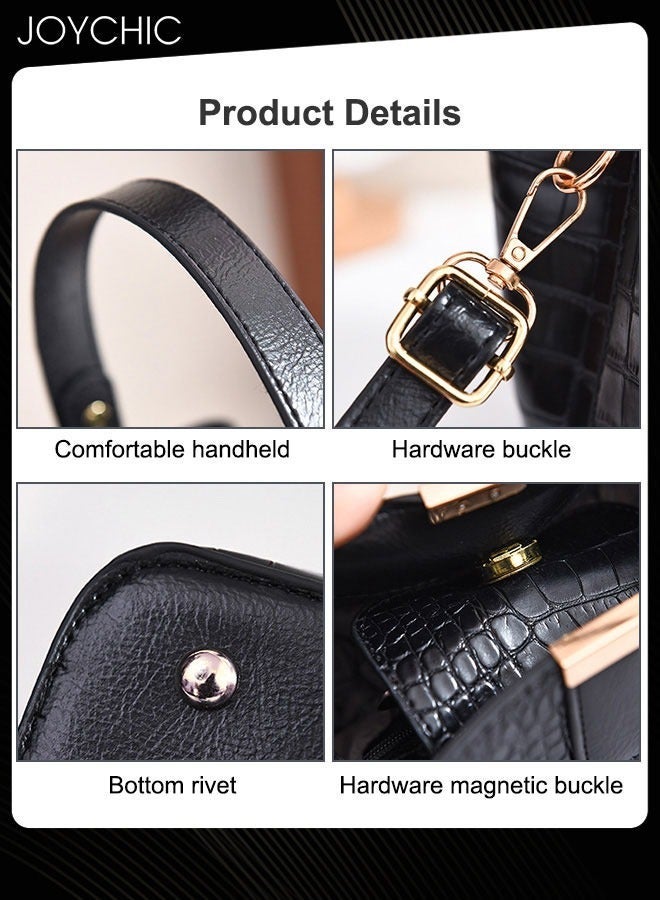 Joychic Fashionable Bucket Bag Korean Style Womens Stone Pattern Handbag Large Capacity Shoulder Crossbody Bag with Detachable Straps for Travel Office Black - Image 4