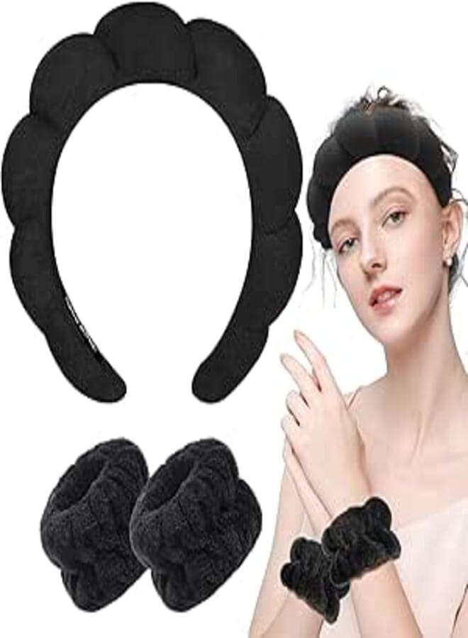 Women 1Pcs Facial Spa Headband 2Pcs Wristband Combo Set, Black Makeup Headband And Wrist Washband Set For Face Washing, Skincare, Shower, Makeup Removal