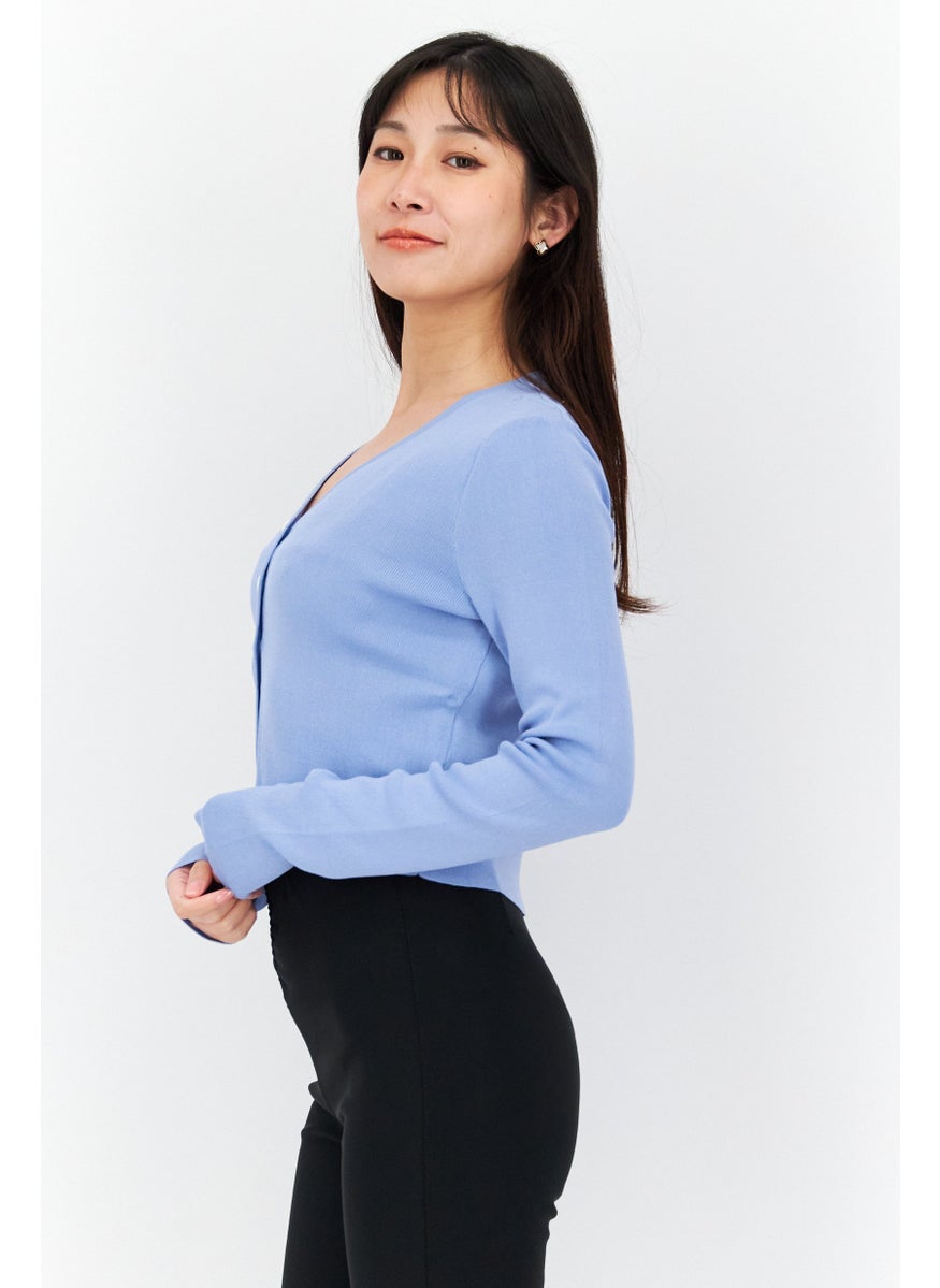 Missguided - Women 2 In 1 V Neck Long Sleeves Textured Cardigan, Blue - Image 1