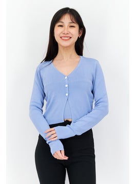 Women 2 In 1 V Neck Long Sleeves Textured Cardigan, Blue
