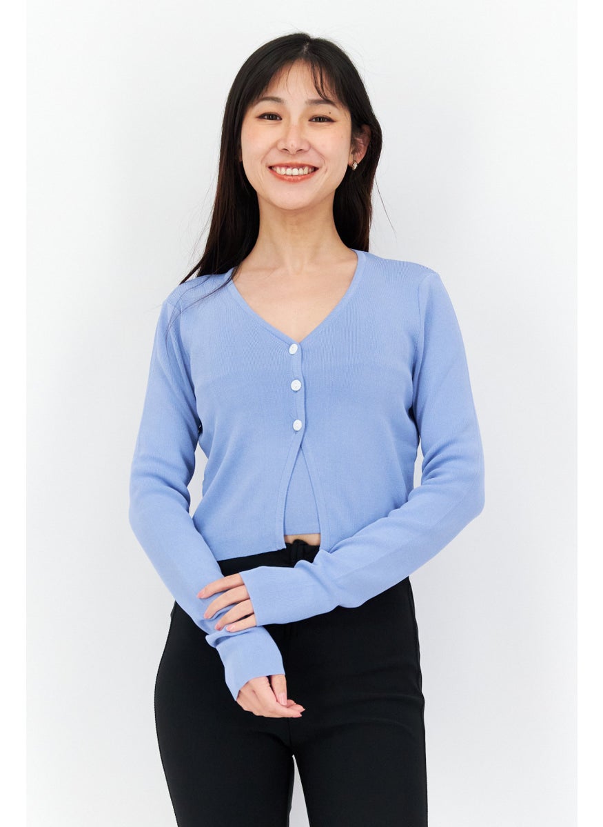 Missguided - Women 2 In 1 V Neck Long Sleeves Textured Cardigan, Blue - Image 1