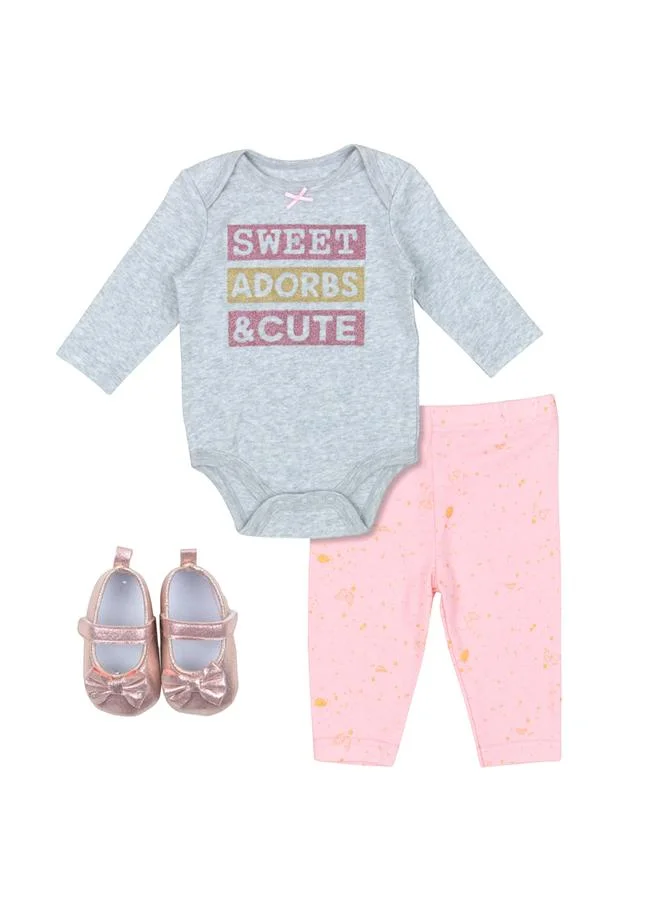 Luna & Lily 3-Piece Text Print Bodysuit, Leggings and Bow Shoes Set