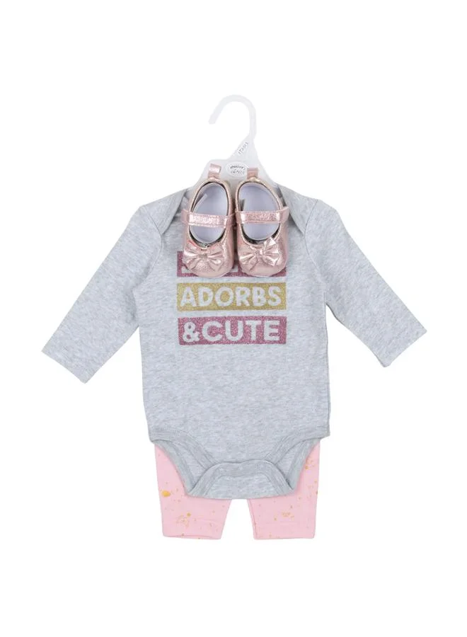 Luna & Lily 3-Piece Text Print Bodysuit, Leggings and Bow Shoes Set