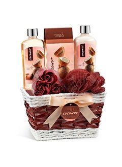 Freida and Joe Coconut Spa Gift Basket, 6-Piece Bath & Body Set with Shower Gel, Body Lotion, Bath Salts, Soap Flowers, Bath Sponge in a Wicker Basket Valentines Gift for Women  - Image 1
