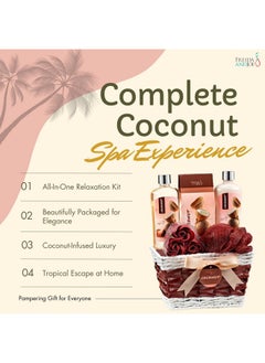Freida and Joe Coconut Spa Gift Basket, 6-Piece Bath & Body Set with Shower Gel, Body Lotion, Bath Salts, Soap Flowers, Bath Sponge in a Wicker Basket Valentines Gift for Women  - Image 4