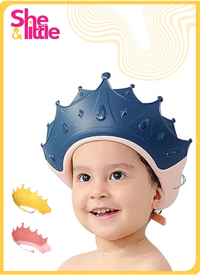 She&Little Shower Cap Shield for Kids, Visor Hat for Eye and Ear Protection for 0-9 Years Old Children, Adjustable Soft Silicone Shampoo Cap, Cute Crown Design, (blue)  - Image 1