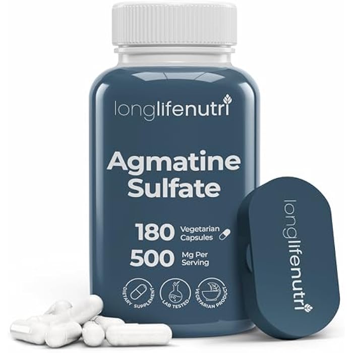 LongLifeNutri Agmatine Sulfate 500 mg, 180 Vegetarian Capsules (6-Month Supply), Dietary Supplement, Made in USA - Image 1