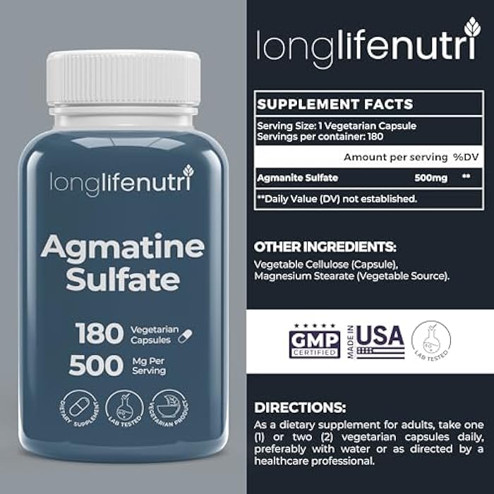 LongLifeNutri Agmatine Sulfate 500 mg, 180 Vegetarian Capsules (6-Month Supply), Dietary Supplement, Made in USA - Image 2