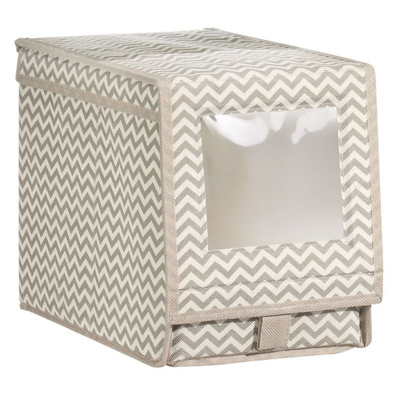 InterDesign Axis Fabric Foldable Storage Box for Shoes Boots and Pumps with a Clear Window and Pull Tab Closure for Closet Storage Medium TaupeNatural - Image 1
