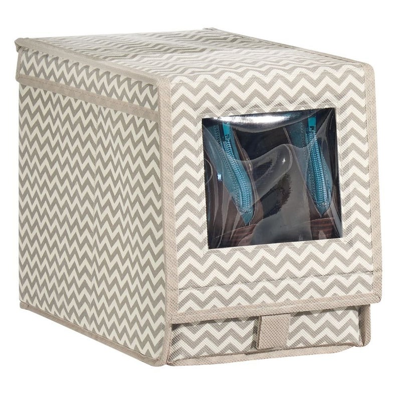 InterDesign Axis Fabric Foldable Storage Box for Shoes Boots and Pumps with a Clear Window and Pull Tab Closure for Closet Storage Medium TaupeNatural - Image 3