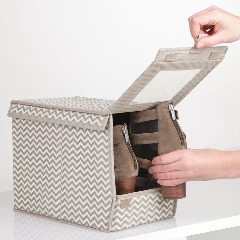 InterDesign Axis Fabric Foldable Storage Box for Shoes Boots and Pumps with a Clear Window and Pull Tab Closure for Closet Storage Medium TaupeNatural - Image 5