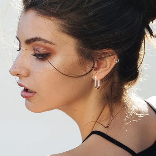 ALEXCRAFT 925 Sterling Silver Earrings Small Hoop Earrings for Women Silver Minimalist Geometric Rectangle Hypoallergenic Earing Small Square Hoops Earring - Image 3
