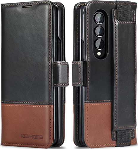 KEZiHOME for Samsung Galaxy Z Fold 4, Genuine Leather Wallet Case [RFID Blocking] with Card Holder Flip Folio Kickstand Magnetic Case Compatible with Samsung Z Fold 4 5G(Black/Brown) - Image 1