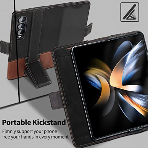 KEZiHOME for Samsung Galaxy Z Fold 4, Genuine Leather Wallet Case [RFID Blocking] with Card Holder Flip Folio Kickstand Magnetic Case Compatible with Samsung Z Fold 4 5G(Black/Brown) - Image 3