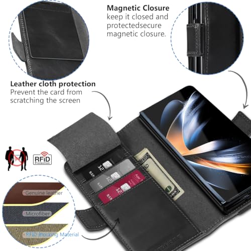 KEZiHOME for Samsung Galaxy Z Fold 4, Genuine Leather Wallet Case [RFID Blocking] with Card Holder Flip Folio Kickstand Magnetic Case Compatible with Samsung Z Fold 4 5G(Black/Brown) - Image 4