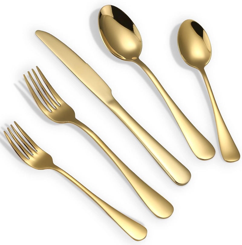 Briout Gold Silverware Set 20 Piece Golden Cutlery Set Service for 4 Stainless Steel Flatware Set Include Spoons Forks Knives Tableware Utensil Set for Kitchen Home Restaurant Shiny Gold Polished - Image 1