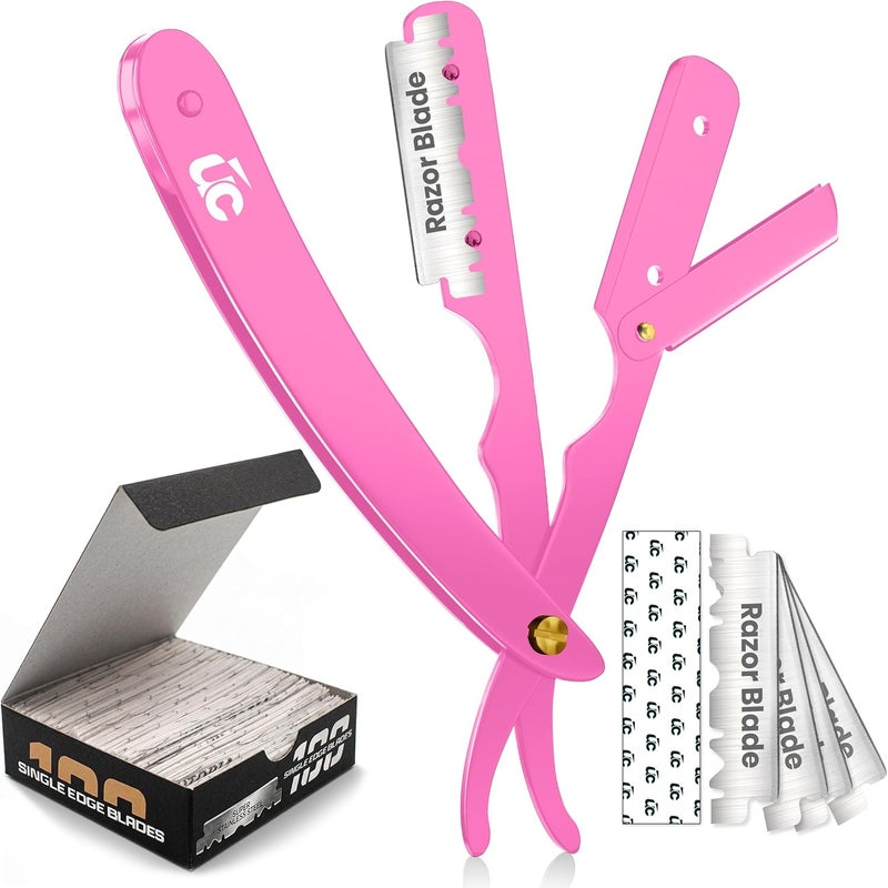 Utopia Care Professional Straight Razor for Men, Barber Straight Edge Razor Safety with 100-Pack Derby Blades - 100 Percent Stainless Steel - Pink - Image 1