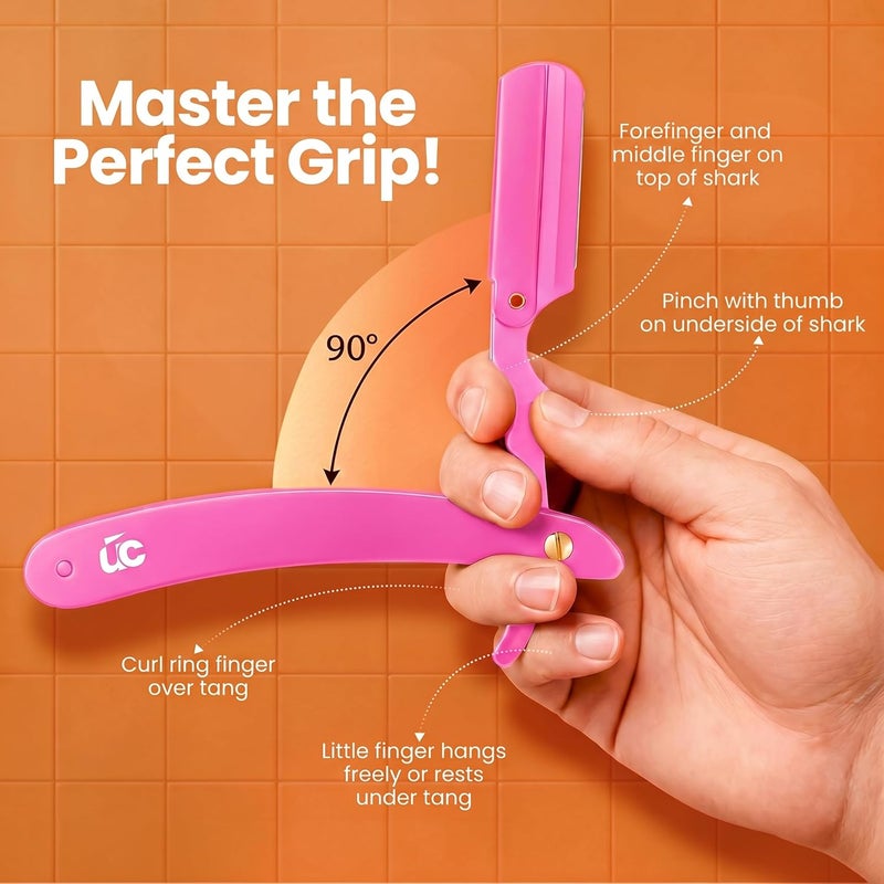 Utopia Care Professional Straight Razor for Men, Barber Straight Edge Razor Safety with 100-Pack Derby Blades - 100 Percent Stainless Steel - Pink - Image 4