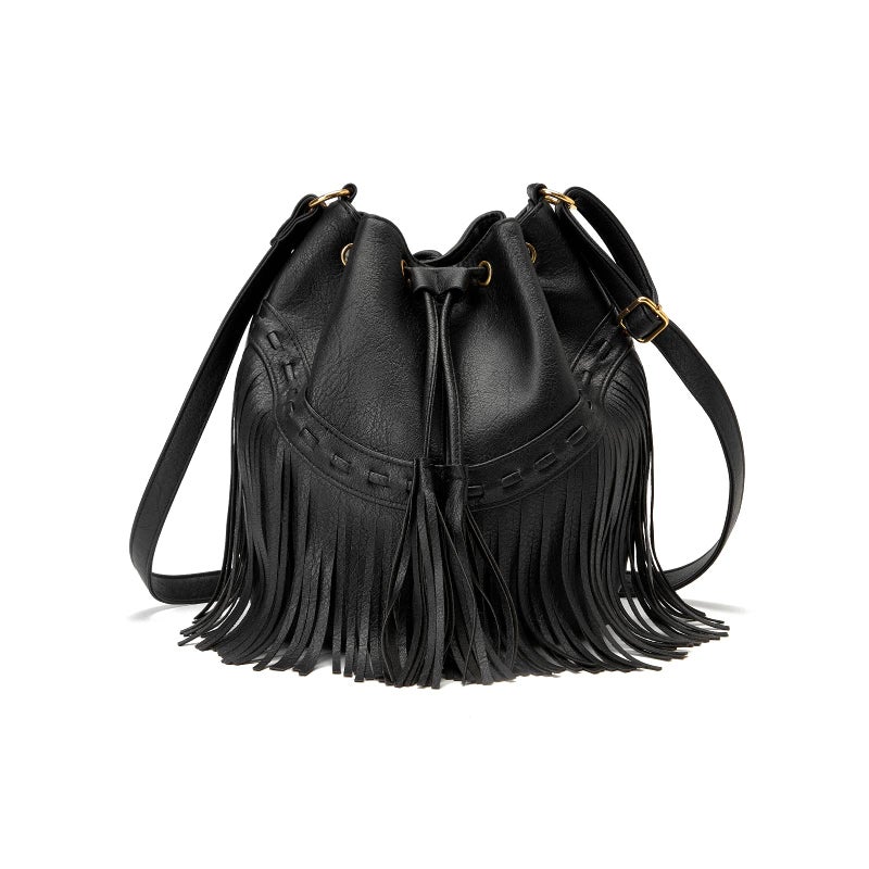 Gladdon Leather Bucket Bags for Women Crossbody Fringe Purses with Drawstring Ladies Tassel Hobo and Shoulder Handbags Black - Image 1