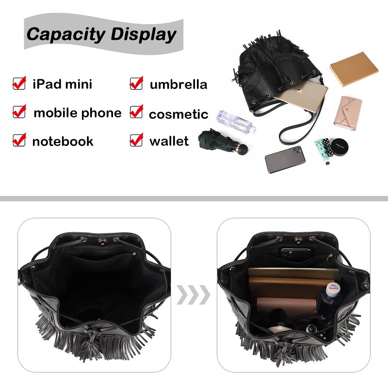 Gladdon Leather Bucket Bags for Women Crossbody Fringe Purses with Drawstring Ladies Tassel Hobo and Shoulder Handbags Black - Image 5