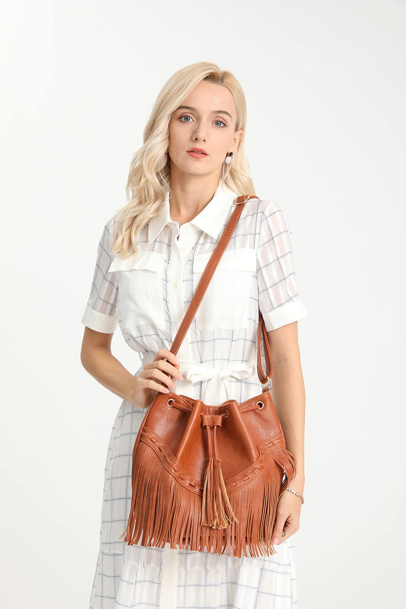 Gladdon Leather Bucket Bags for Women Crossbody Fringe Purses with Drawstring Ladies Tassel Hobo and Shoulder Handbags Black - Image 2