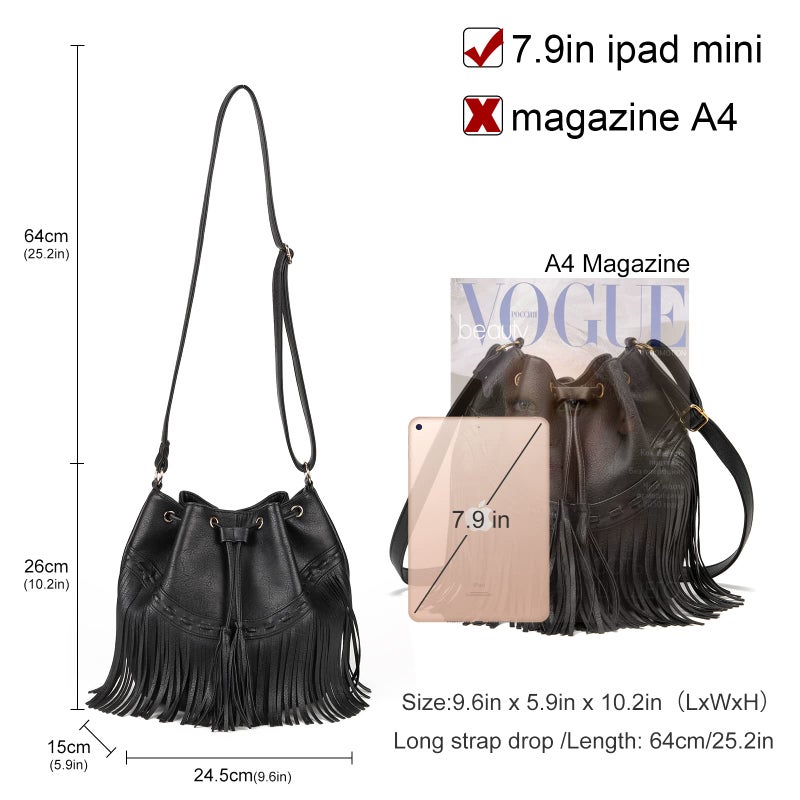 Gladdon Leather Bucket Bags for Women Crossbody Fringe Purses with Drawstring Ladies Tassel Hobo and Shoulder Handbags Black - Image 4
