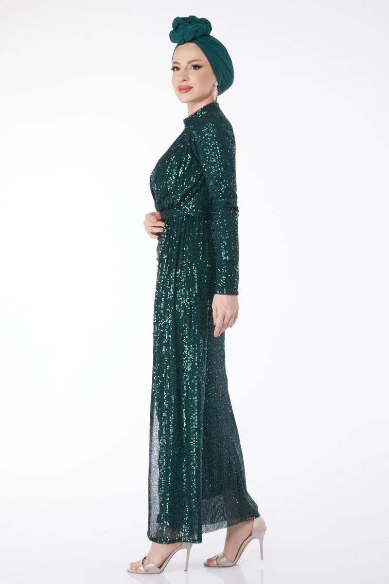 Tofisa 24598-ZUMRUT Double-breasted Sequined Evening Dress