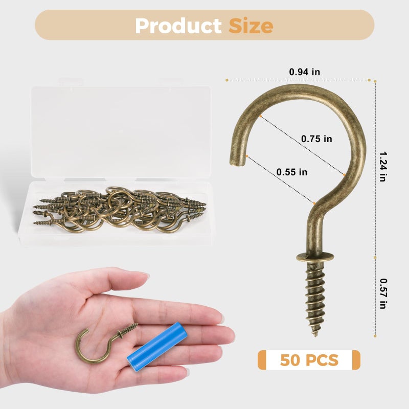 RELBRO Screw Hooks, 1-1/4 Inch Metal Screw in Cup Hooks, Bronze, 50 Pcs - Image 3