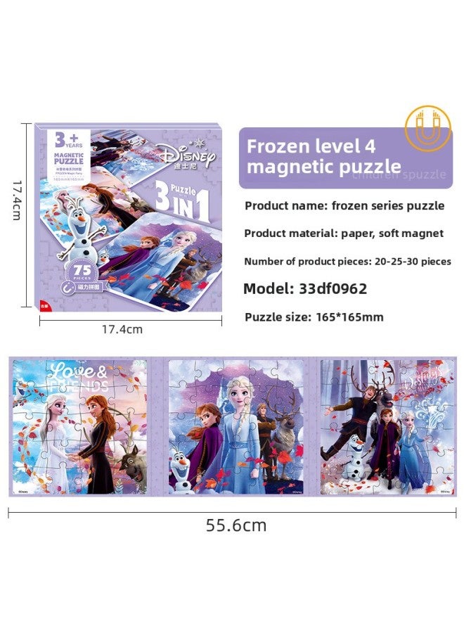 Disney Princess Ice And Snow Girls Young Children 3 Years Old Early Education Educational Toys Three Folding Puzzle Magnetic Quiet Book-Color:Frozen Rank 4 Triple (White Card) 0962 - Image 1