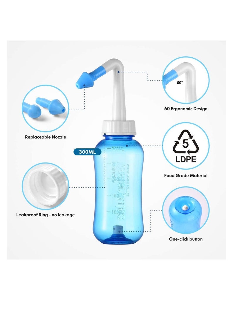 Generic - Neti Pot Sinus Rinse Bottle 300ml Nasal Rinse Kit Nose Wash Cleaner Nasal Irrigation for Adult & Kid (with 2 Nozzles &30 Nasal Since Salt Packets) - Image 1